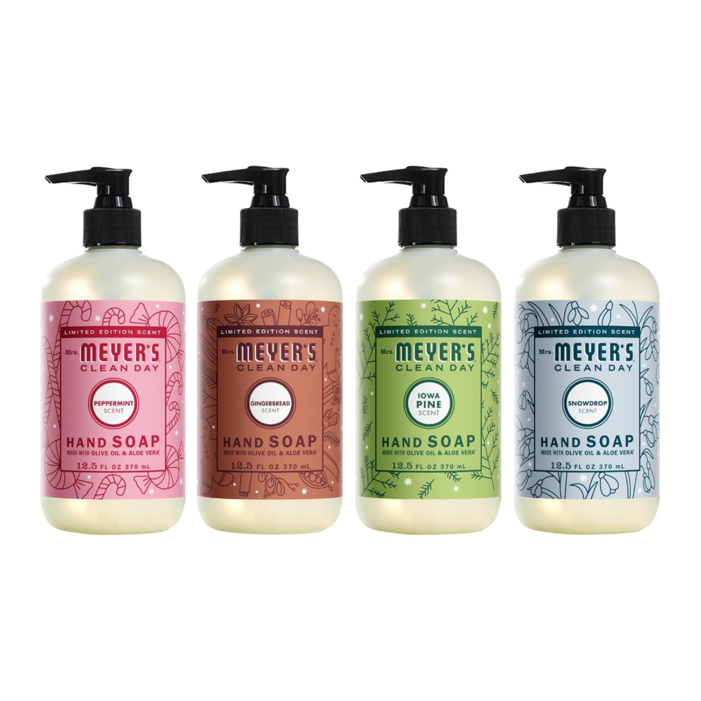 MRS. MEYER'S CLEAN DAY Holiday Hand Soap Bundle Variation (Gingerbread + Iowa Pine + Peppermint + Snow Drop)