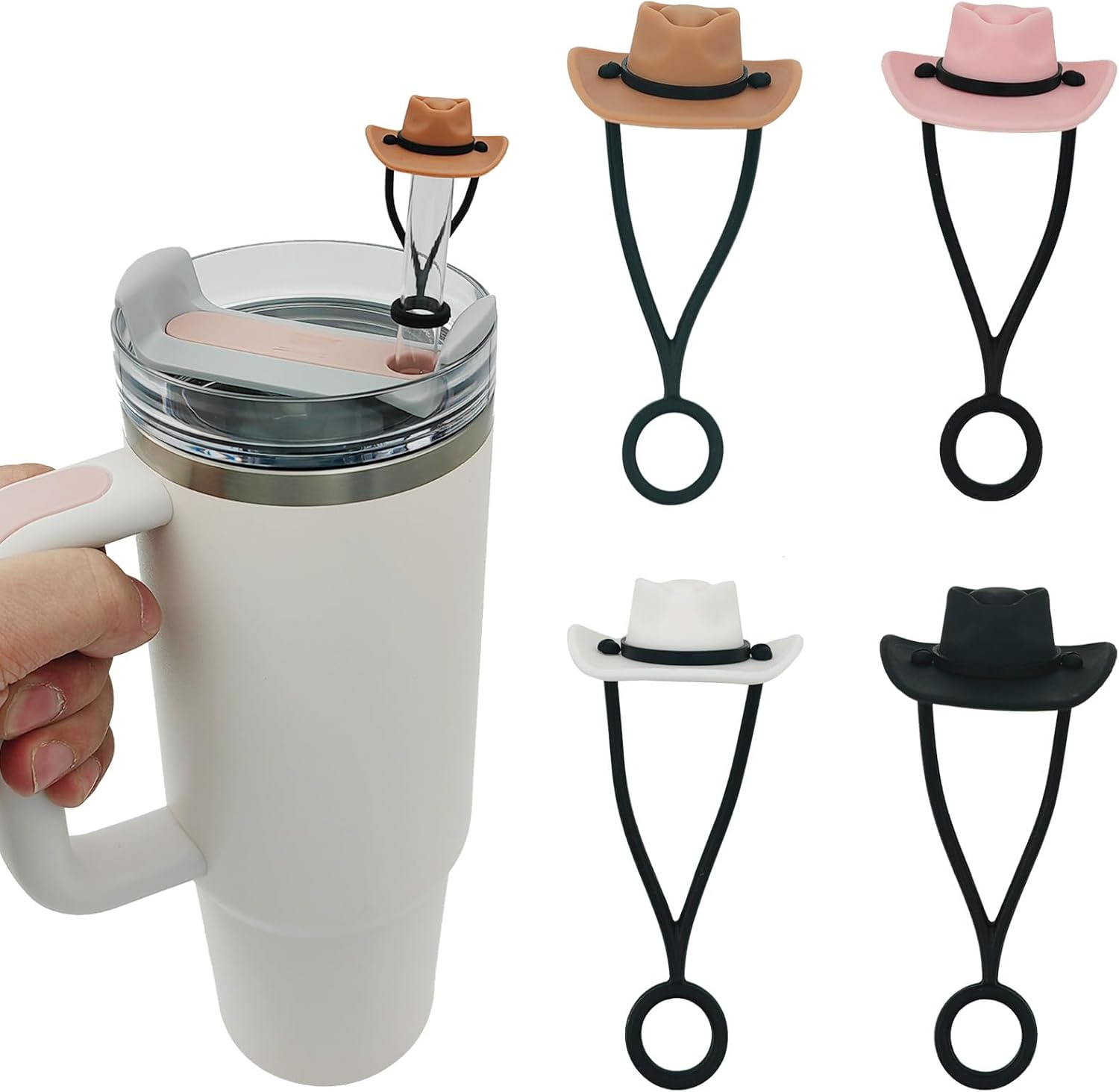 4 Pack Silicone Cowboy Hat Straw Covers Cap Compatible with Stanley Cup 30 40 oz, Cute Funny Tumbler Straw Topper Accessories for Man & Woman Christmas Gift