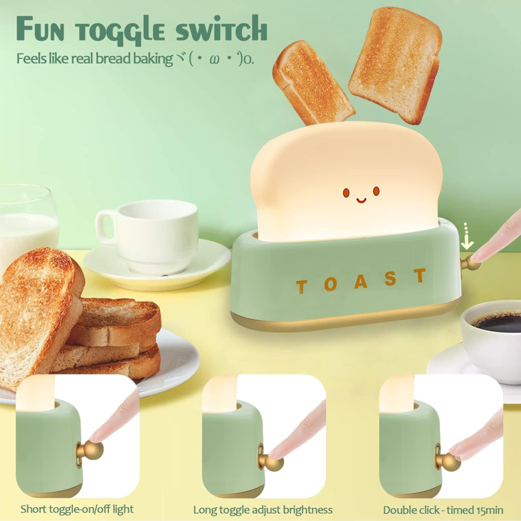 QANYI Desk Decor Toaster Lamp, Rechargeable Small Lamp with Smile Face Toast Bread Cute Toaster Shape Room Decor Night Light for Bedroom, Bedside, Living Room, Dining, Desk Decorations, Gift