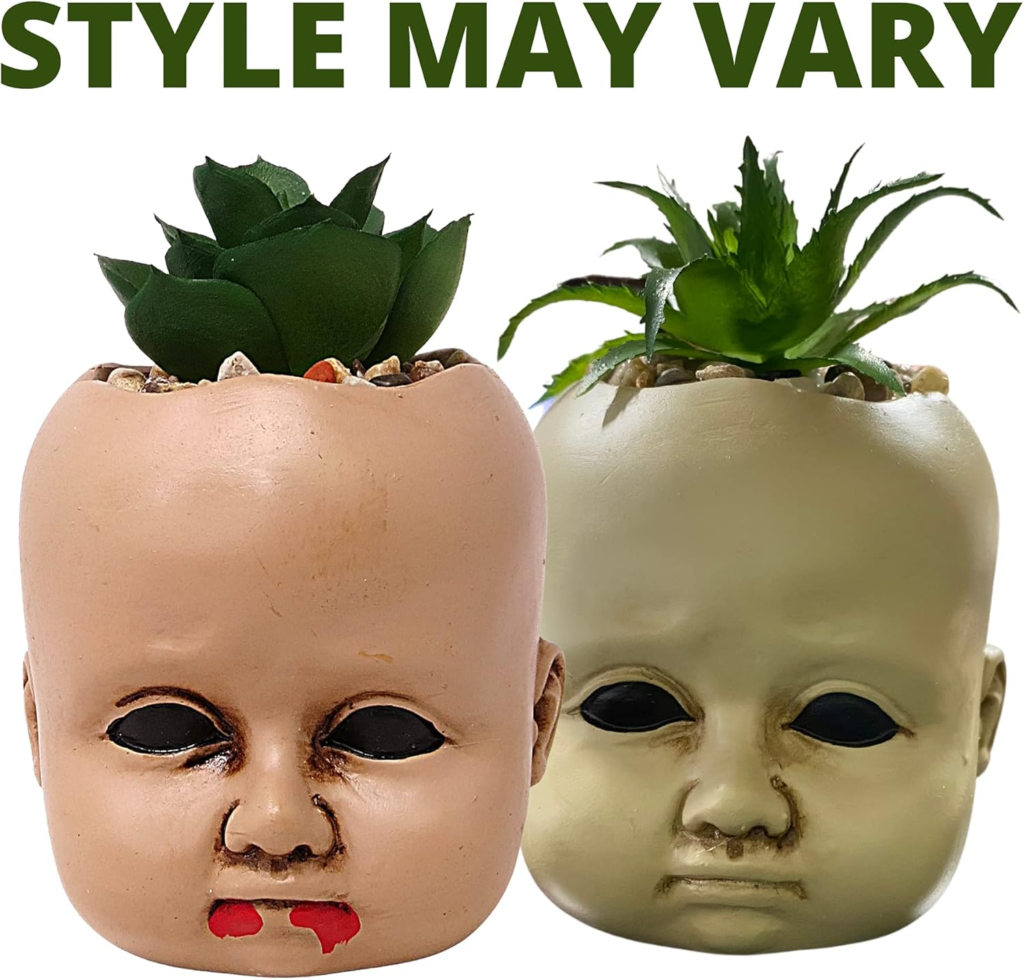 Needzo Baby Creepy Doll Head Artificial Succulent Plant, Ceramic Face Mini Planter Pots Bust Planters, Spooky Halloween Home Office Decorations, 4 Inches