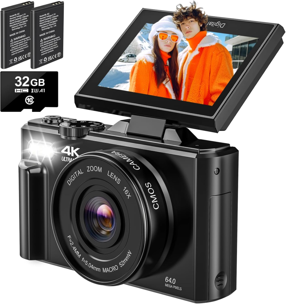 4K Digital Camera - Digital Cameras for Photography - 64MP Vlogging Camera for YouTube - Autofocus Video Camera 3" 180° Flip Screen with 18X Zoom - Compact Travel Cameras with 32GB SD Card 2 Batteries