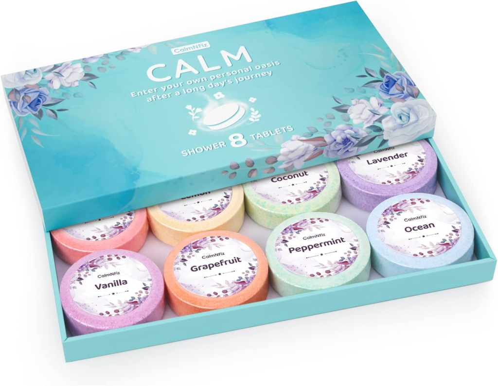 CalmNFiz Shower Steamers 8 Pack Set Shower Bombs Tablets in Box with 8 Fragrances with Shea Butter for Self-Care & Relaxation, Idea for Women and Men