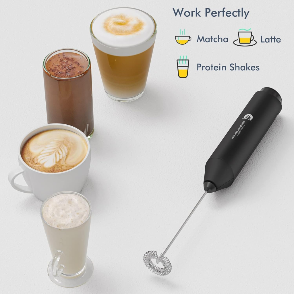 Powerful Milk Frother Wand - Mini Handheld Milk Frother with Stainless Steel - Battery-Powered Drink Mixer for Coffee, Lattes, Cappuccinos, Matcha - Coffee Enthusiasts Gift - Black