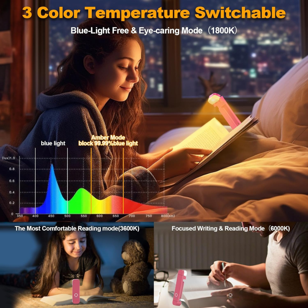 Book Reading Light,Silent Touch Book Lamp for Reading in Bed,Rechargeable Clip on Booklight with 3 Amber Colors & 7 LEDs Precise Dimming for Eye Caring Night Reading,Book Lovers,Kids,Pink