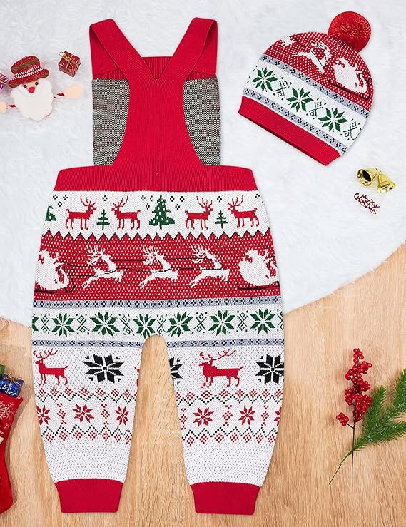 Baby Christmas 2 Piece Sweater Romper Set Shoulder Button Adjustment Jumpsuit with Hat