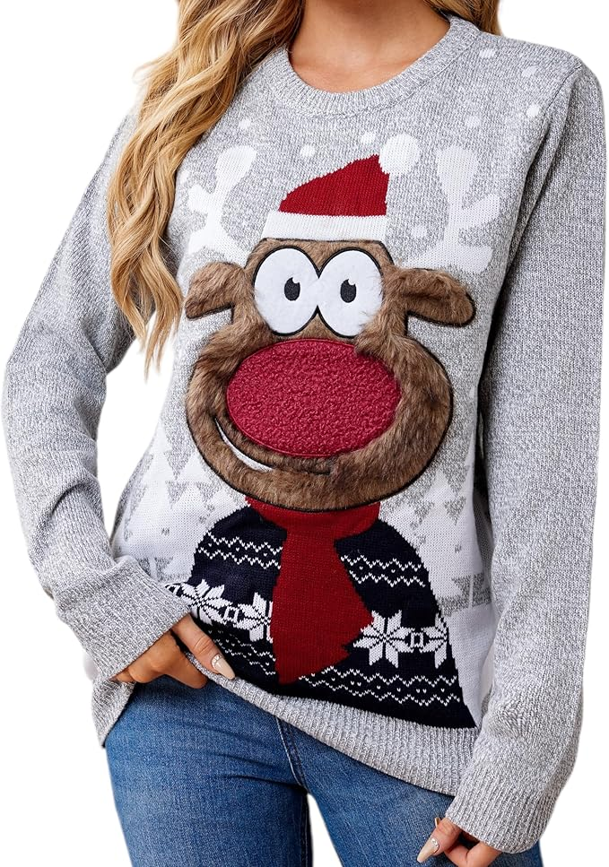 LUBOT Ugly Christmas Sweaters for Women Cute Fuzzy Funny Wintertime and Holiday Parties Knitted Pullover Sweater