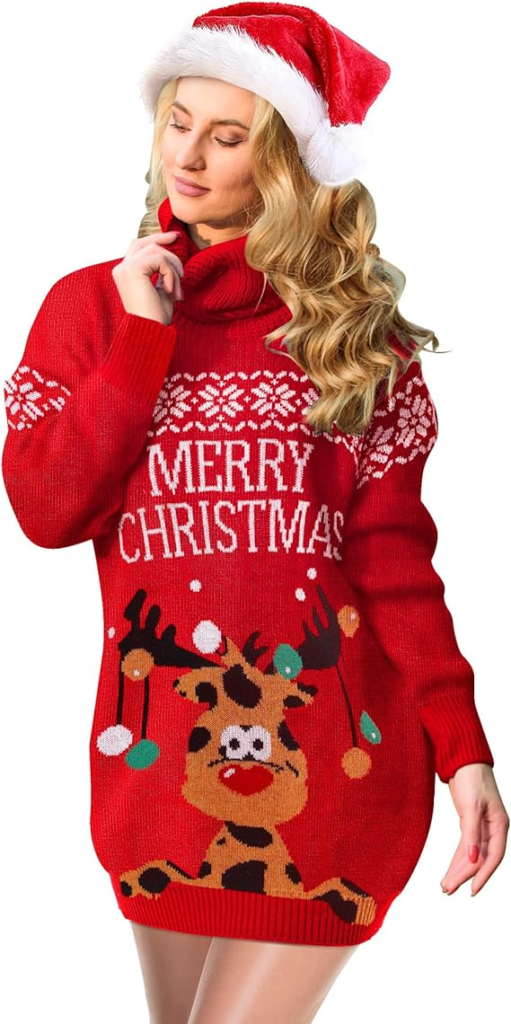 Women Ugly Sweater Dress and Santa Hat Oversized Xmas Long Sleeve Turtleneck Christmas Sweaters Pullover with Pocket