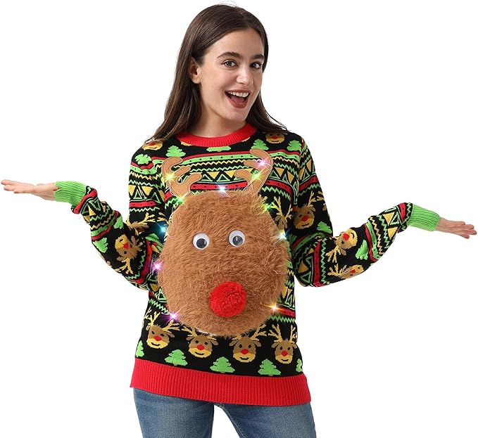 LED Ugly Christmas Sweater Unisex Funny Novelty Knit Pullover with Lights